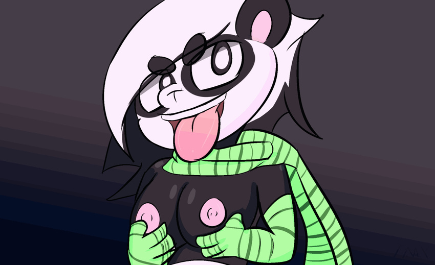 2016 animated anthro areola bear big_breasts breasts clothed clothing digital_media_(artwork) female fur hair looking_at_viewer mammal no_sound not_safe_for_reality open_mouth panda simple_background smile