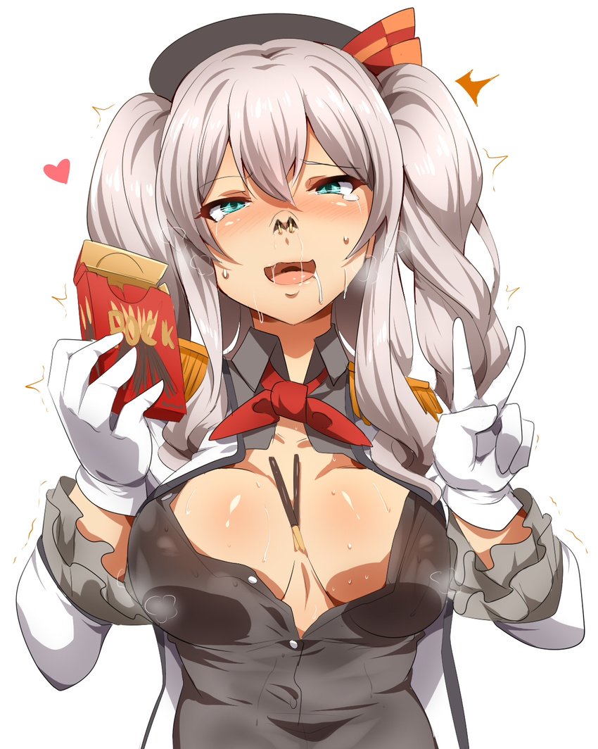 1girl :d beret between_breasts black_shirt blue_eyes blush breasts cleavage collarbone commentary_request crying crying_with_eyes_open dress_shirt drooling epaulettes food food_between_breasts frilled_sleeves frills gloves hat heart highres kantai_collection kashima_(kantai_collection) kerchief large_breasts long_sleeves looking_at_viewer military military_uniform nose_blush nose_hook nostrils open_clothes open_mouth pocky pocky_day saliva shirt silver_hair smile solo spoken_heart sweat tears twintails two_side_up umakatsuhai uniform upper_body v white_background white_gloves white_hair