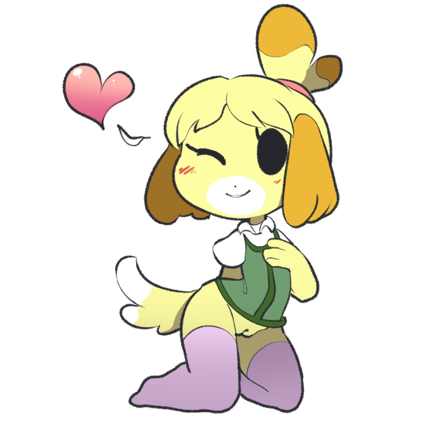 &lt;3 2016 animal_crossing anthro blush bottomless canine clothed clothing digital_media_(artwork) dog female hairband isabelle_(animal_crossing) itsunknownanon legwear looking_at_viewer mammal nintendo one_eye_closed presenting pussy simple_background solo ss thigh_highs video_games wink