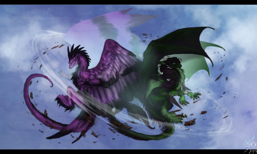 black_bars black_hair claws day dragon duo feathered_dragon feathers feral flying fur furred_dragon green_fur hair horn isvoc membranous_wings outside purple_feathers purple_fur sky spines spread_wings wings