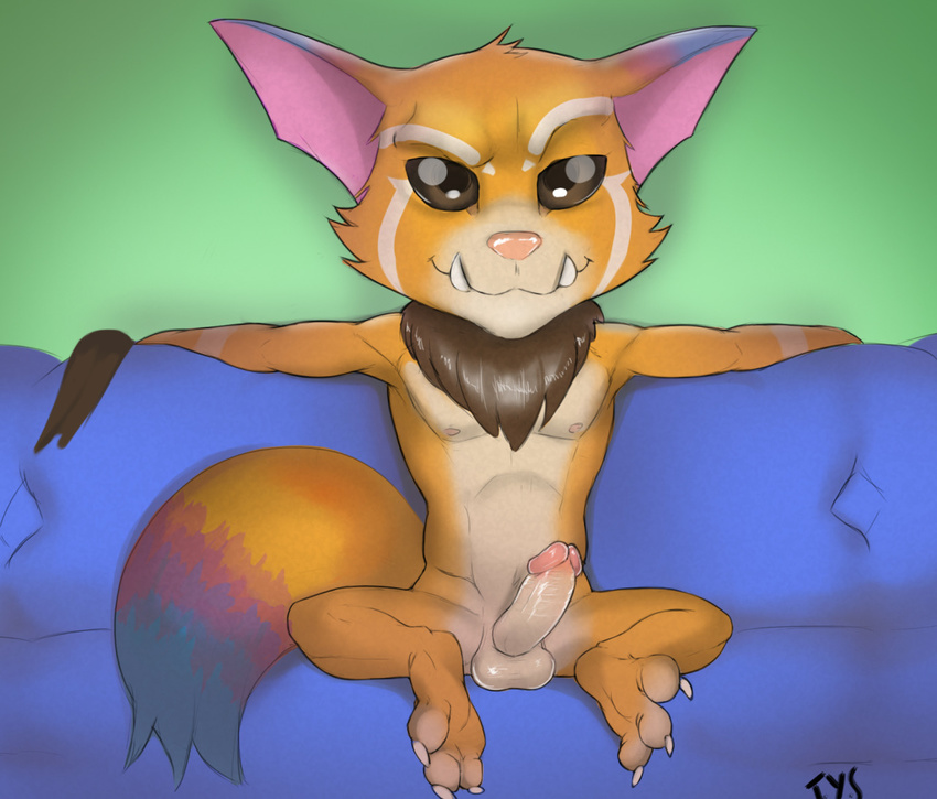 anthro balls barefoot erection gnar_(lol) league_of_legends looking_at_viewer male mammal naughty_face neck_tuft nude pecs penis reclining seyrmo signature sitting slim solo spread_legs spreading tuft tusks video_games yordle