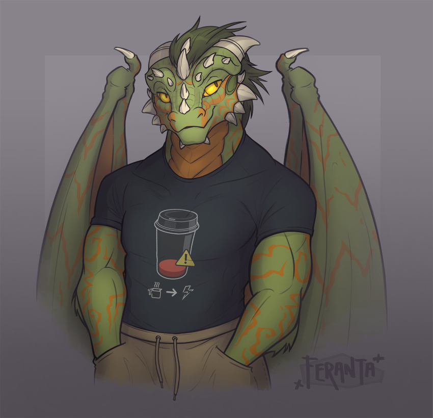 2015 anthro argonian biceps black_clothing brown_clothing brown_eyes clothed clothing digital_drawing_(artwork) digital_media_(artwork) dragon feranta front_view green_hair green_scales grey_background hair half-closed_eyes half-length_portrait hand_in_pocket horn hybrid male markings membranous_wings multicolored_scales muscular muscular_male no_pupils orange_markings orange_scales pants pecs portrait scales scalie shirt signature simple_background skal-tel smile snout standing the_elder_scrolls two_tone_scales video_games wings yellow_sclera