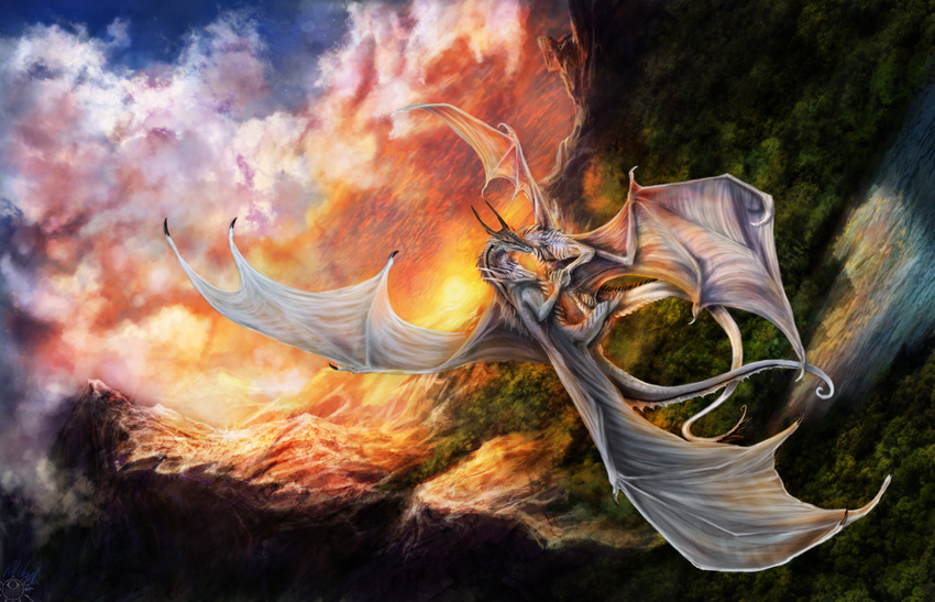 day detailed_background digital_media_(artwork) dragon duo female feral flying horn isvoc male membranous_wings sky white_skin wings