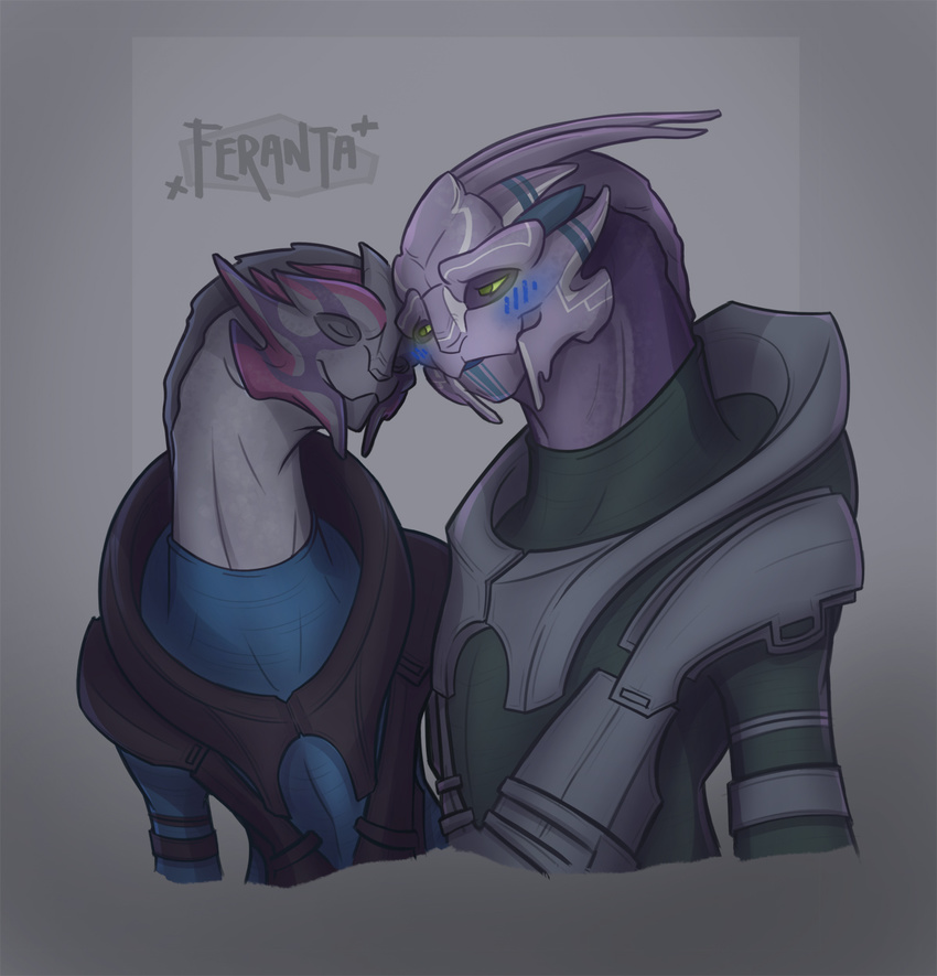 2015 alien armor blue_clothing blue_markings blush clothed clothing colored cute duo eyes_closed fan_character female feranta grey_body half-length_portrait helexiah humanoid light loganhen male male/female markings mass_effect open_mouth open_smile pink_markings portrait purple_body purple_markings romantic_couple shaded shirt side_view smile toony turian video_games white_markings