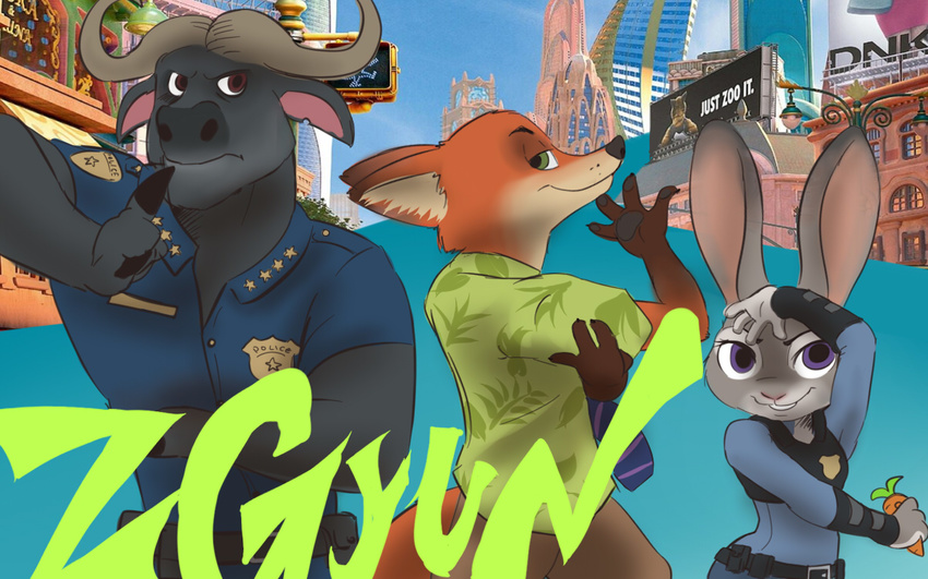 anthro bovine brown_eyes buffalo canine cape_buffalo carrot chief_bogo clothing disney english_text female food fox frown fur green_eyes grey_fur group horn jojo's_bizarre_adventure judy_hopps lagomorph male mammal necktie nick_wilde orange_fur pen police police_uniform pose purple_eyes rabbit shinsuke sign text uniform vegetable zootopia