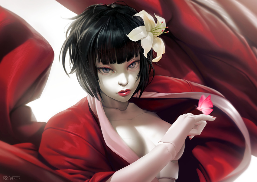android black_hair blue_eyes bug butterfly dcwj flower ghost_in_the_shell ghost_in_the_shell:_innocence hadaly hair_flower hair_ornament insect lipstick looking_at_viewer makeup nail_polish open_clothes pale_skin robot_joints short_hair solo
