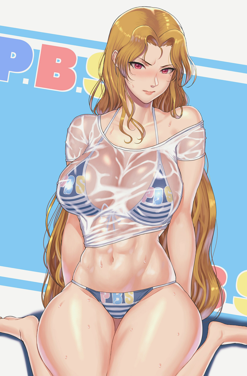abs absurdres arm_support bare_legs barefoot bikini bikini_under_clothes blush breasts brown_hair closed_mouth commentary_request daidouji_(senran_kagura) front-tie_top frown groin halter_top halterneck highres large_breasts long_hair looking_at_viewer mole mole_under_eye muscle muscular_female navel nose_blush off_shoulder red_eyes see-through senran_kagura senran_kagura_peach_beach_splash shigatsugata shiny shiny_skin shirt short_sleeves sitting solo stomach striped striped_bikini sweat swimsuit thick_thighs thigh_gap thighs very_long_hair wariza wet wet_clothes wet_shirt