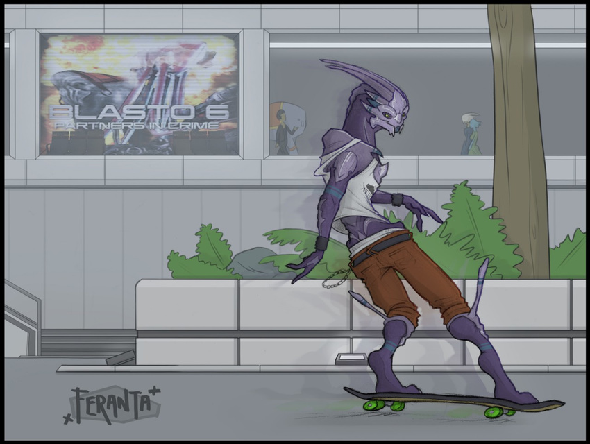 alien belt blue_markings border brown_clothing clothing colored day digital_drawing_(artwork) digital_media_(artwork) fan_character feranta green_eyes green_sclera human humanoid light loganhen mammal markings mass_effect no_pupils outside pants plant purple_body shaded shirt side_view signature skateboard skateboarding skater solo_focus stairs standing tree turian video_games white_clothing white_markings window