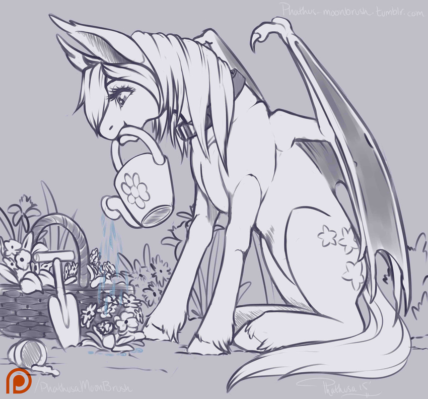 2015 bat_pony bat_wings collar fan_character female gardening membranous_wings monochrome my_little_pony phathusa sitting solo wallflower_(character) water watering_can wings