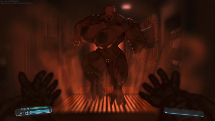 abs anthro armor bald beckoning biceps big_breasts big_butt breasts butt charging clothing demon doom doom_guy duo eyeless female first_person_view fist freckles futuristic gloves grate hallway heads_up_display hell_knight hud huge_breasts human humanoid larger_female looking_at_viewer male mammal monster monstrous_humanoid muscular navel nipples not_furry nude open_mouth pipes running science_fiction size_difference smaller_male standing teeth theboris thick_thighs video_games wide_hips