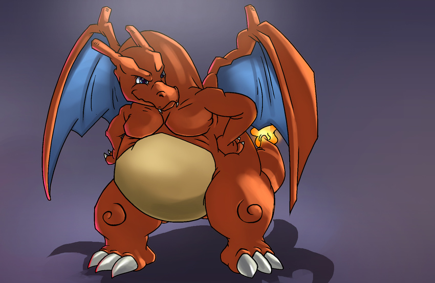anthro belly biceps big_(disambiguation) charizard claws dragon feet fire flexing hands_on_hips hi_res horn male musclegut muscular muscular_male nintendo overweight overweight_male pecs pok&eacute;mon scalie simple_background smile solo standing steen toe_claws video_games wings