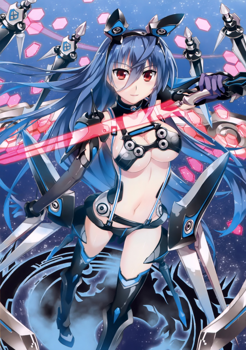 absurdres black_footwear black_legwear blue_hair boots breasts cleavage fujima_takuya gloves hair_between_eyes highres holding holding_sword holding_weapon large_breasts long_hair looking_at_viewer midriff navel purple_gloves red_eyes scan see-through sideboob solo sword thigh_boots thighhighs underboob very_long_hair weapon z/x