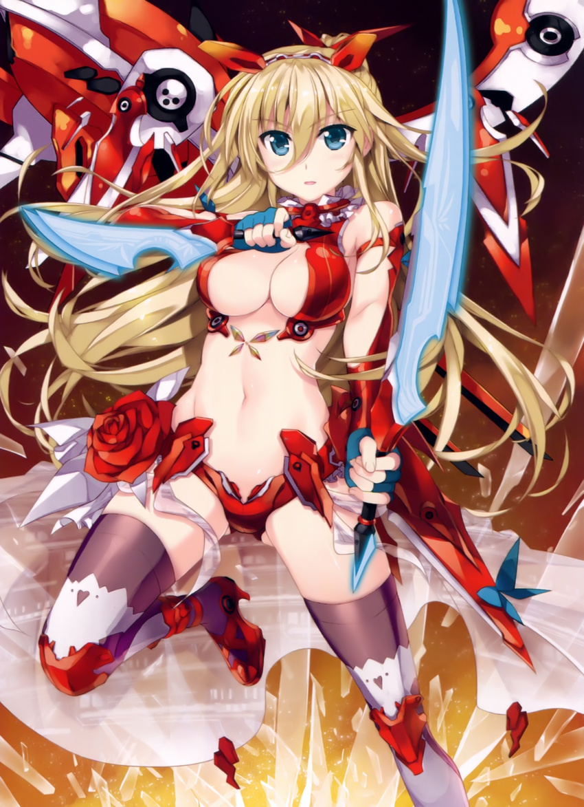 absurdres black_legwear blonde_hair blue_eyes blue_gloves bow breasts cleavage dual_wielding eyebrows fingerless_gloves flower fujima_takuya gloves groin hair_bow hair_ornament high_heels highres holding holding_knife holding_sword holding_weapon knife large_breasts leg_up long_hair looking_at_viewer mecha_musume midriff navel red_flower red_footwear rigel_(z/x) scan shoes solo sword thighhighs weapon z/x