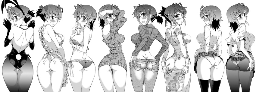 :d absurdres animal_ears apron ass ass_support back blush breasts bunny_ears bunny_tail bunnysuit china_dress chinese_clothes covered_nipples denim dress elbow_gloves gloves greyscale highres jeans kusanagi_tonbo large_breasts looking_at_viewer monochrome naked_apron nipples no_bra open_mouth original panties pants pantyhose ponytail shirt short_hair simple_background smile sweater tail thighhighs underwear wet wet_clothes wet_shirt white_background