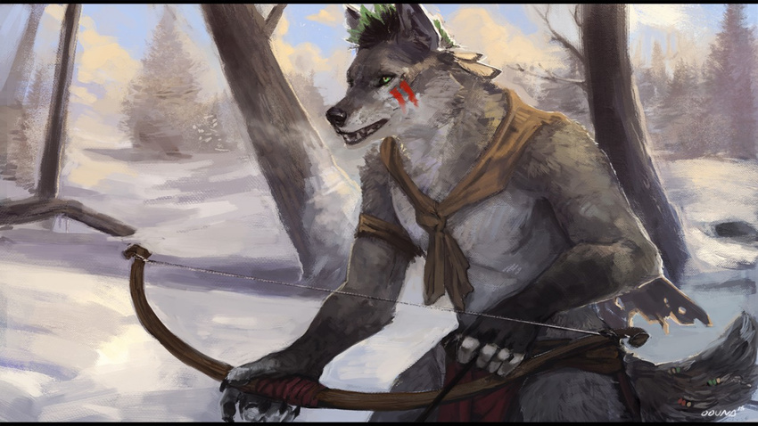 2015 5_fingers anthro armband arrow black_fur black_hair black_nose bodypaint bow_(weapon) canine cape claws clothed clothing countershading detailed_background digital_media_(artwork) digital_painting_(artwork) fangs feathers fingerless_(marking) forest front_view fur green_hair grey_fur hair half-length_portrait holding_object holding_weapon hunter kettengrad loincloth male mammal multicolored_hair oouna open_mouth portrait ranged_weapon signature snow solo standing teeth tree two_tone_hair weapon white_countershading white_fur wolf yellow_eyes
