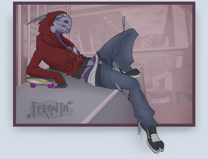 2015 2_toes 3_fingers alien athletic blue_clothing blue_markings border checkered_clothing clothed clothing detailed_background digital_drawing_(artwork) digital_media_(artwork) eyes_closed fan_character feranta footwear hoodie humanoid jeans loganhen lying male markings mass_effect pants photo_background purple_body red_clothing shoes side_view signature skateboard skater smile solo toes turian video_games white_markings