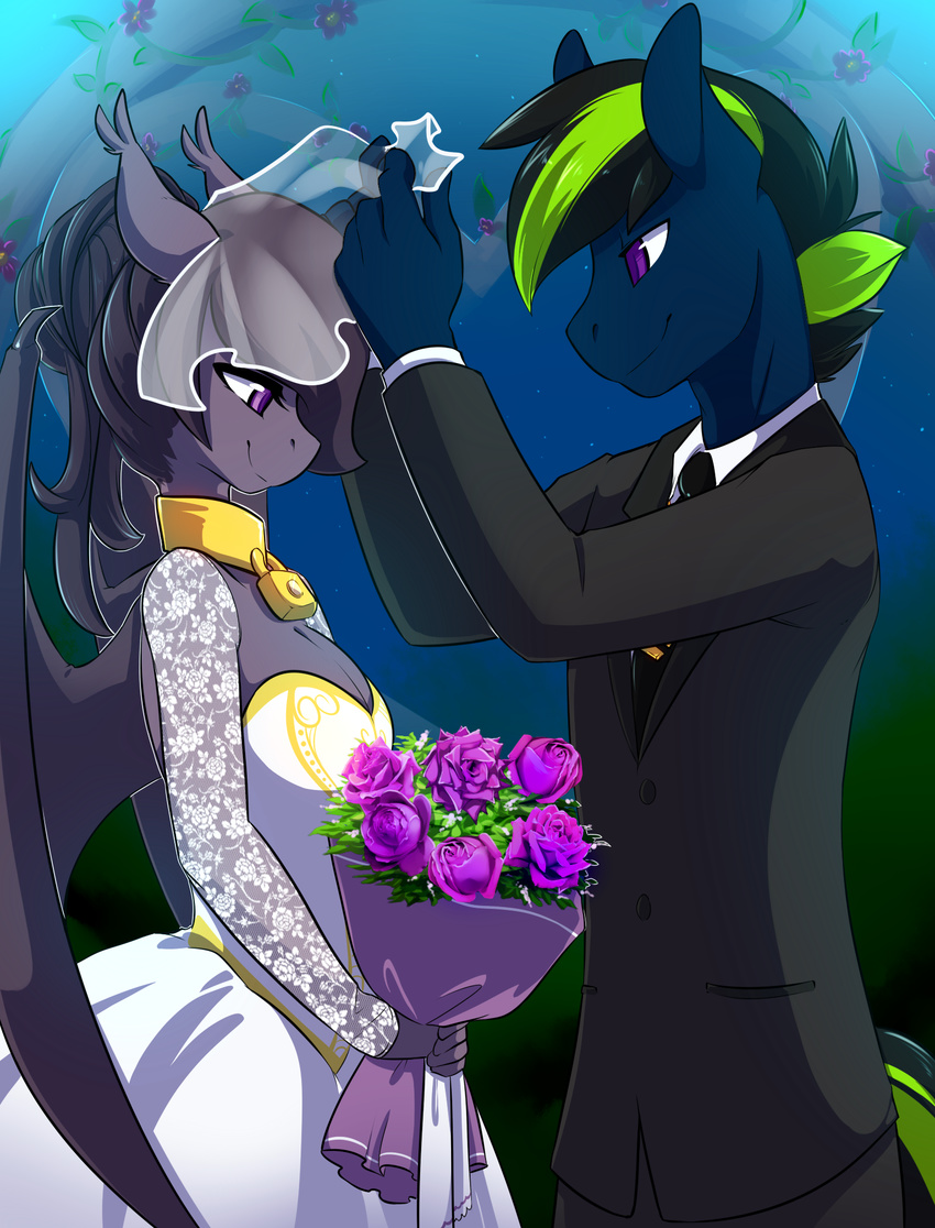 2016 bat_pony bat_wings clothing collar dress equine fan_character female horse male mammal married membranous_wings my_little_pony pony spazzykoneko suit wallflower_(character) wedding wedding_dress wings zanith_(oc)