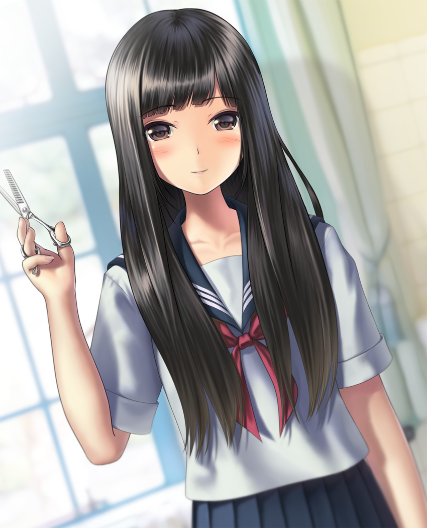 arm_at_side black_hair blue_skirt blush brown_eyes closed_mouth curtains dutch_angle eyebrows eyebrows_visible_through_hair highres holding holding_scissors long_hair neckerchief original pleated_skirt sarekoube scissors shirt short_sleeves skirt smile solo tile_wall tiles white_shirt window