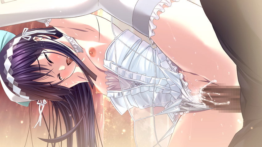 1girl against_tree aqua_bow armpits bare_shoulders blush bow breasts breasts_outside censored choker closed_eyes clothed_sex cum cum_in_pussy dress ejaculation eyebrows eyebrows_visible_through_hair flat_chest frilled_legwear frills game_cg hair_bow hair_ornament hair_ribbon hetero ichijo_akira leg_up light_particles long_hair m&amp;m mosaic_censoring nipples non-web_source open_mouth outdoors outstretched_arms panties panties_aside penis purple_hair ribbon saliva satis_(verethragna_seisen_no_duelist) see-through sex solo_focus standing standing_on_one_leg sweat tears thighhighs tongue tree underwear vaginal verethragna_seisen_no_duelist white_dress white_legwear white_panties