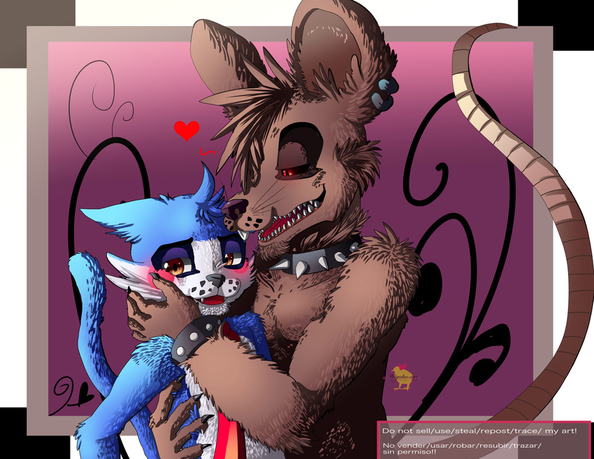 &lt;3 2016 absurd_res animatronic blue_fur blush bracelet brown_fur candy_(fnac) cat collar duo fan_character feline five_nights_at_candy's five_nights_at_freddy's fur hi_res hiyoko jewelry love machine male mammal necklace necktie rat rat_(fnac) red_eyes robot rodent sharp_teeth teeth video_games