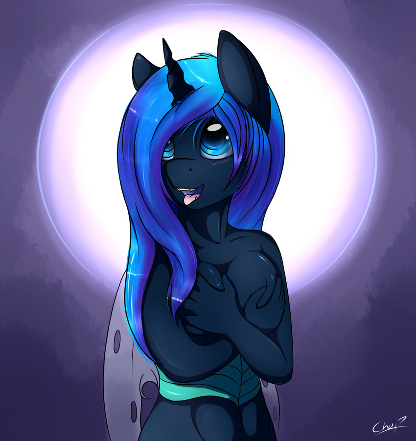 5_fingers anthro blue_eyes blue_hair breasts changeling chapaevv fan_character female hair horn insect_wings moon my_little_pony navel night nude open_mouth outside solo standing teeth tongue wide_hips wings