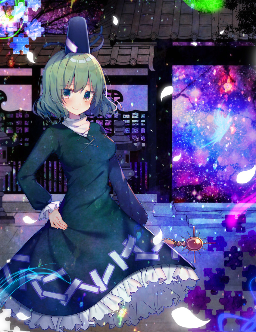absurdres architecture blush breasts closed_mouth commentary_request dress east_asian_architecture ghost ghost_tail green_dress green_eyes green_hair hand_on_hip hat highres japanese_clothes jigsaw_puzzle koto_seori long_sleeves looking_at_viewer medium_breasts outdoors petals petticoat puffy_long_sleeves puffy_sleeves puzzle short_hair smile soga_no_tojiko solo tate_eboshi tears touhou