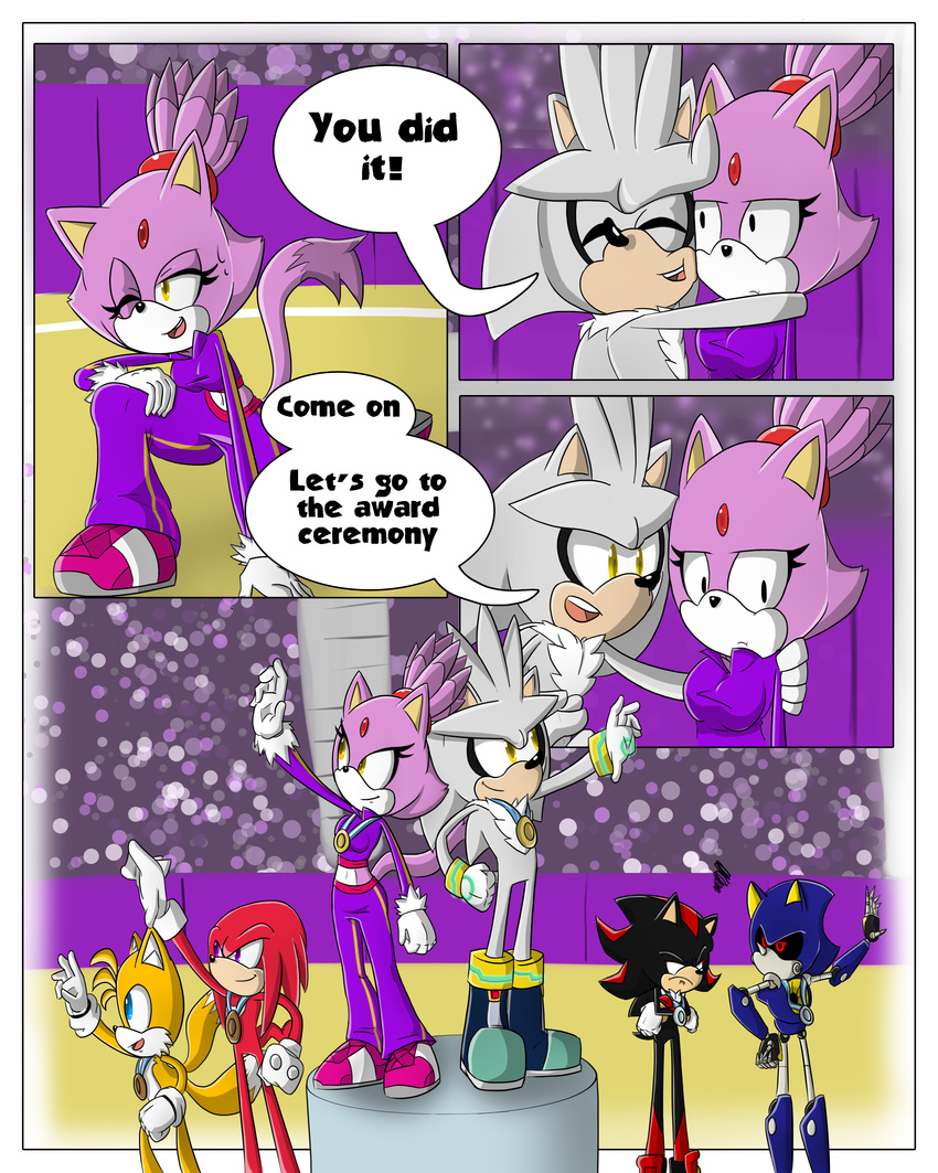 blaze_the_cat canine clothing comic dialogue echidna feline female fox gloves hedgehog knuckles_the_echidna male mammal metal_sonic miles_prower monotreme sandunky shadow_the_hedgehog silver_the_hedgehog sonic_(series) sport text video_games volleyball yellow_eyes