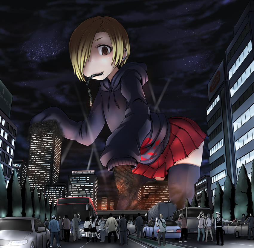 bags_under_eyes black_legwear blonde_hair brand_name_imitation brown_eyes building bus car city cloud cloudy_sky debris destruction ear_piercing earrings fire from_below giantess ground_vehicle hair_over_one_eye highres hood hoodie idolmaster idolmaster_cinderella_girls jewelry motor_vehicle mouth_hold night night_sky people piercing road searchlight shirasaka_koume short_hair sky sleeves_past_wrists solo_focus star_(sky) starry_sky street terada_ochiko train tree