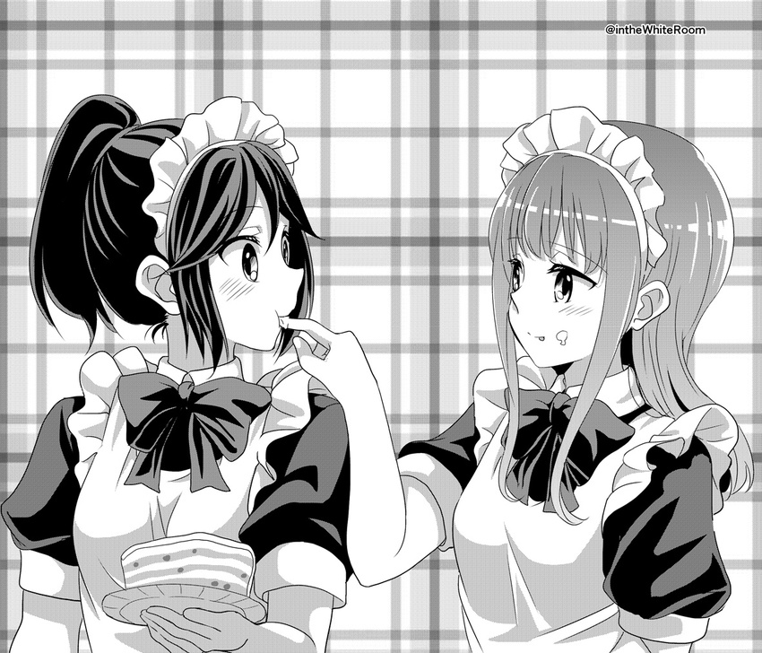 alternate_costume apron enmaided eye_contact feeding finger_in_mouth food food_on_face greyscale hibike!_euphonium kasaki_nozomi long_hair looking_at_another maid maid_headdress monochrome multiple_girls plaid plaid_background ponytail short_hair takeshisu waitress yoroizuka_mizore