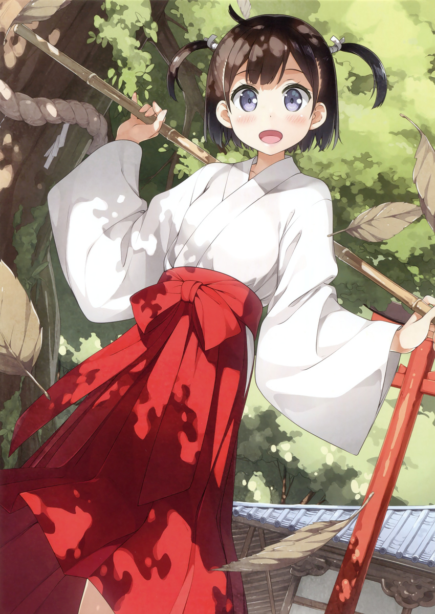 :d absurdres ahoge bamboo_staff behind_back blue_eyes blush bow building collarbone cowboy_shot day dutch_angle falling_leaves hakama head_tilt highres hip_vent holding holding_staff japanese_clothes kantoku kimono komomo_(kantoku) leaf long_sleeves looking_at_viewer miko open_mouth original outdoors plant red_bow red_hakama scan shrine smile solo staff standing tareme tree two_side_up wide_sleeves