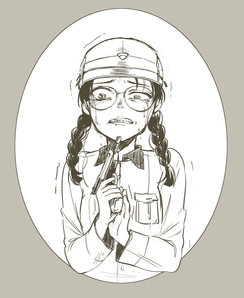 braid chi-hatan_military_uniform crying crying_with_eyes_open fukuda_(girls_und_panzer) girls_und_panzer glasses gun handgun highres holding holding_gun holding_weapon kani_aruki_(bucket_crawl) long_hair military military_uniform monochrome pistol sketch solo streaming_tears tears trembling twin_braids uniform upper_body weapon white_background