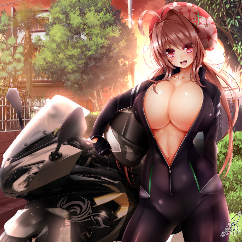 2016 :d antenna_hair artist_name backlighting biker_clothes bikesuit black_bodysuit black_gloves bodysuit breasts collarbone contrapposto covered_nipples cowboy_shot evening eyebrows eyebrows_visible_through_hair fence floral_print gloves ground_vehicle hair_intakes head_tilt headwear_removed helmet helmet_removed highres holding holding_helmet huge_breasts jotti kawasaki kawasaki_ninja_400r looking_at_viewer low_twintails motor_vehicle motorcycle motorcycle_helmet navel open_clothes open_mouth orange_sky original outdoors partially_unzipped plant red_eyes reimusan_(jotti) road shiny shiny_skin signature skin_tight sky smile solo standing stomach street sunlight telephone_pole tree tsurime twintails zipper