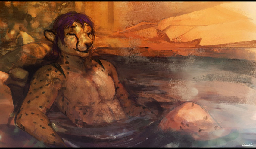 2016 anthro black_fur black_nose black_spots cheetah detailed_background digital_media_(artwork) digital_painting_(artwork) eyes_closed feline front_view fur hot_spring letterbox male mammal multicolored_fur nude oouna outside partially_submerged reclining signature solo spots spotted_fur steam uchiki water whiskers white_fur yellow_fur