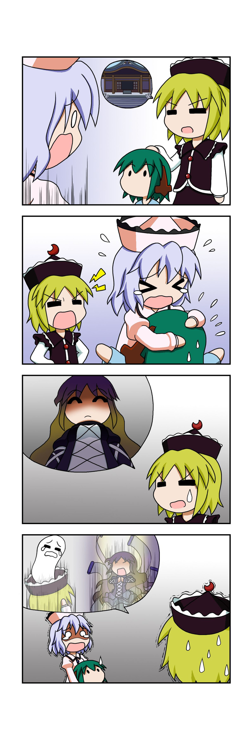 &gt;_&lt; 4koma =_= ^_^ absurdres angry animal_ears blonde_hair closed_eyes comic dog_ears exorcism flying_sweatdrops giving_up_the_ghost gradient_hair green_hair hat highres hijiri_byakuren kasodani_kyouko lavender_hair long_hair lunasa_prismriver merlin_prismriver multicolored_hair multiple_girls open_mouth rakugaki-biyori scroll shaded_face short_hair silent_comic spoken_object sweat sweatdrop tears temple touhou