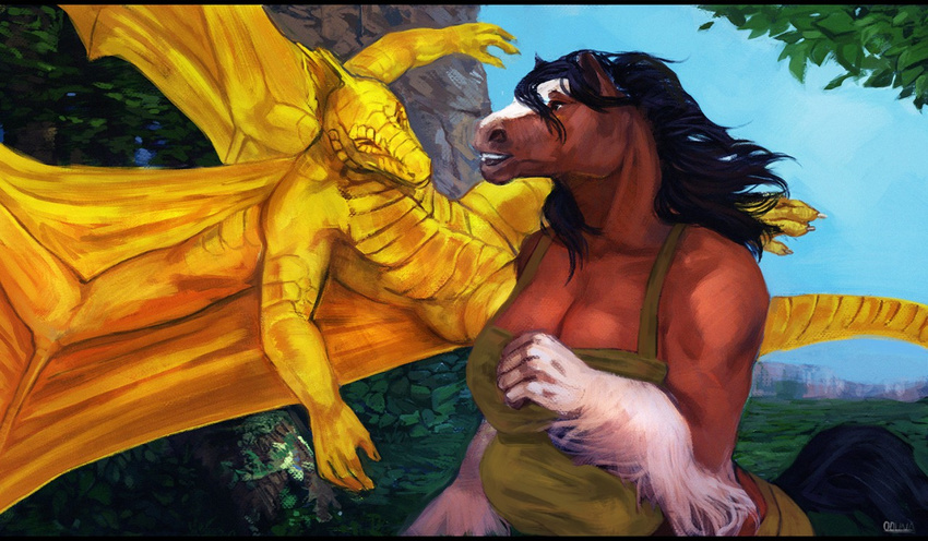 2016 anthro big_breasts black_hair black_tail blaze_(marking) blue_sky breasts brown_fur casual_nudity cleavage clothed clothing clydesdale crest day detailed_background digital_media_(artwork) digital_painting_(artwork) draft_horse dragon dress duo equine eyes_closed female fin flying fur gold_dragon hair head_fin horse humanoid_hands letterbox long_hair male mammal membranous_wings multicolored_fur nude oouna open_mouth outside scales scalie signature sky smile teeth two_tone_fur white_fur wings yellow_scales yellow_tail