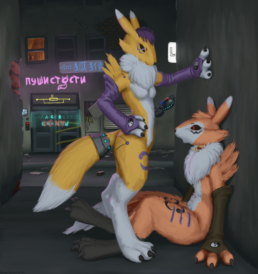 alley alternate_color armwear breasts bridal_gauntlets chest_tuft claws clothing collar cyberpunk digimon dipstick_ears dipstick_tail duo featureless_breasts female fur hair hand_on_hip hi_res lemurlemurovich male multicolored_fur multicolored_tail nude purple_hair renamon sitting standing toe_claws tuft two_tone_fur