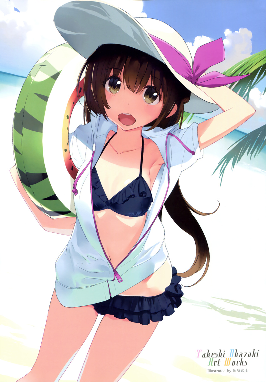 :d absurdres arm_up armpits artist_name bangs beach bikini black_bikini blue_sky blush brown_eyes brown_hair cloud collarbone cowboy_shot day dutch_angle eyebrows eyebrows_visible_through_hair flat_chest frilled_bikini frills hair_between_eyes hand_behind_head hat highres holding horizon innertube jacket long_hair navel ocean okazaki_takeshi open_clothes open_jacket open_mouth original outdoors partially_unzipped round_teeth sand scan sky smile solo standing stomach sun_hat sunlight swimsuit tareme teeth very_long_hair water white_hat white_jacket zipper