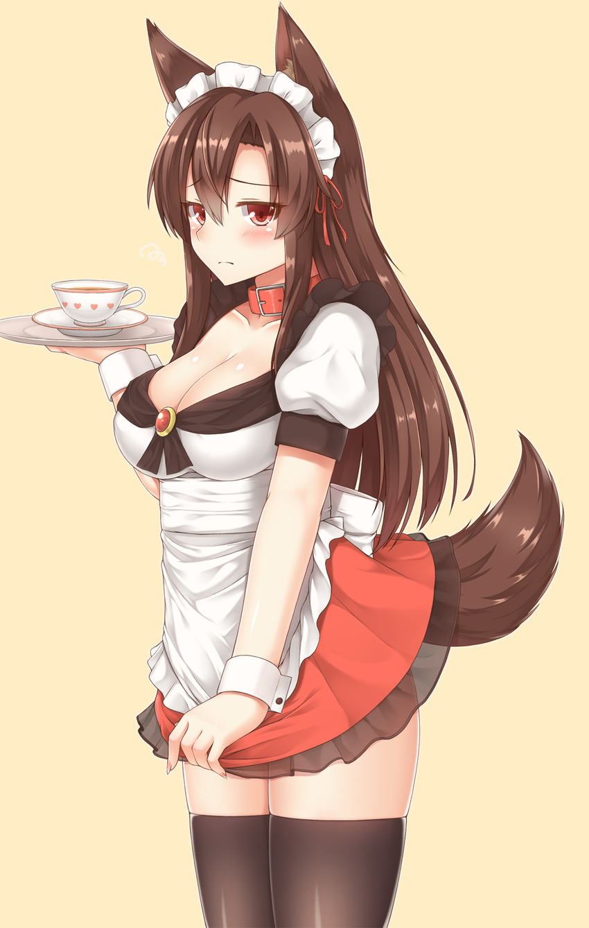 alternate_costume animal_ears black_legwear blouse blush breasts brown_hair cleavage collar commentary_request cup embarrassed enmaided highres imaizumi_kagerou long_hair looking_at_viewer maid maid_headdress medium_breasts microskirt nail_polish puffy_short_sleeves puffy_sleeves red_eyes red_nails red_skirt short_sleeves sidelocks simple_background skirt skirt_tug solo tail teacup thighhighs touhou white_blouse wolf_ears wolf_tail wrist_cuffs yellow_background yuu_(yu0221f)