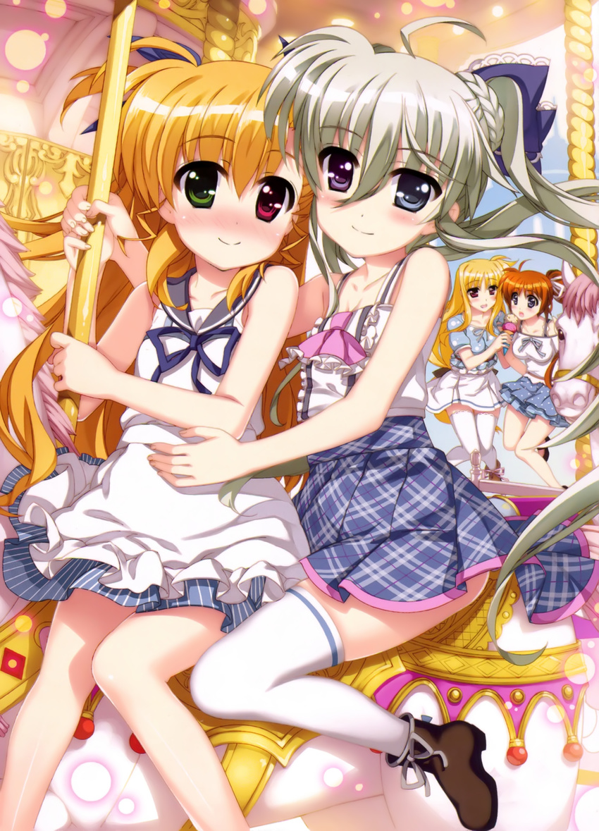 absurdres ahoge blonde_hair blue_eyes blush breasts brown_hair carousel closed_mouth couple dress einhart_stratos fate_testarossa fujima_takuya green_eyes green_hair hair_ribbon hands_on_another's_hips heterochromia highres holding_hands large_breasts long_hair looking_at_viewer lyrical_nanoha mahou_shoujo_lyrical_nanoha_strikers mahou_shoujo_lyrical_nanoha_vivid multiple_girls multiple_riders official_art open_mouth purple_eyes red_eyes ribbon scan shiny shiny_hair short_sleeves side_ponytail sitting skirt sleeveless smile takamachi_nanoha thighhighs twintails very_long_hair vivio yuri