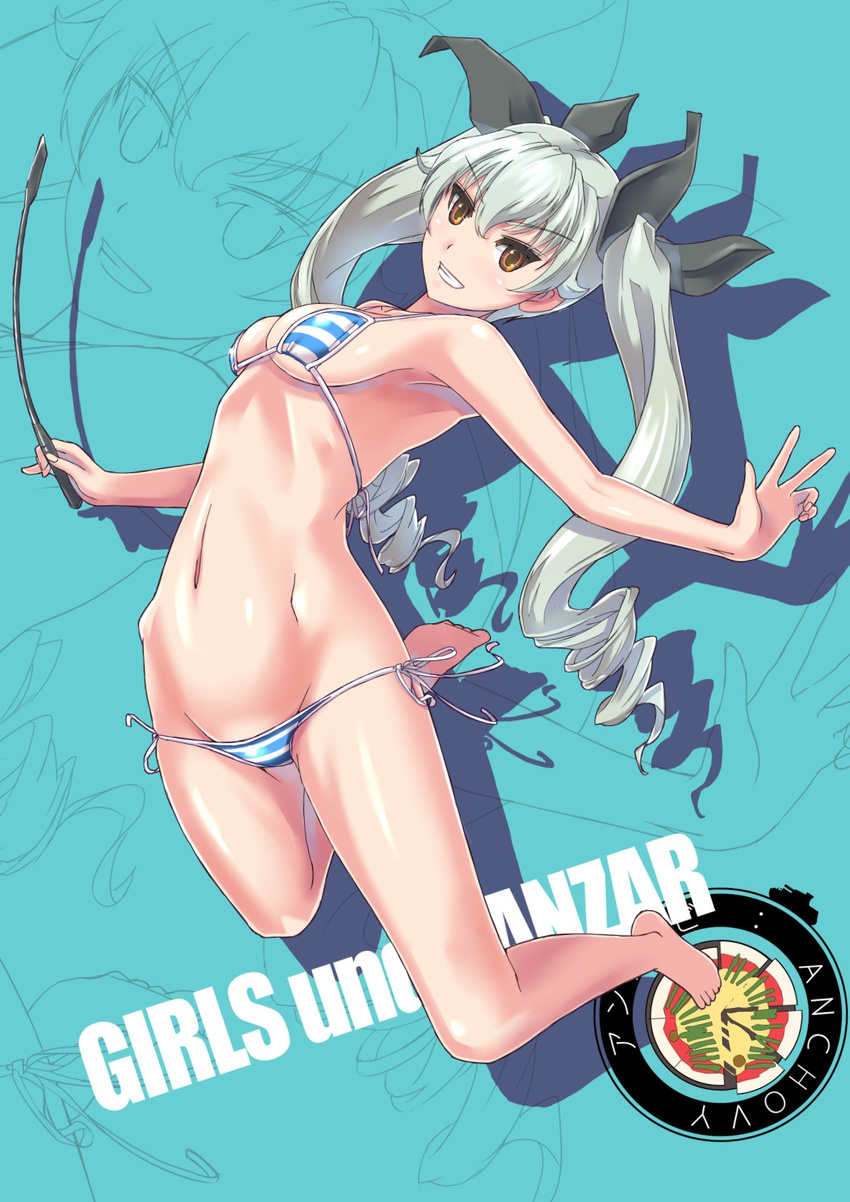 anchovy anzio_(emblem) arched_back barefoot bikini blue_background blue_bikini breasts brown_eyes character_name commentary_request copyright_name drill_hair emblem food full_body girls_und_panzer green_hair grin groin hair_ribbon highres holding jumping long_hair looking_at_viewer lowleg lowleg_bikini medium_breasts navel nenchi pizza ribbon riding_crop side-tie_bikini smile solo string_bikini striped striped_bikini swimsuit twin_drills twintails zoom_layer