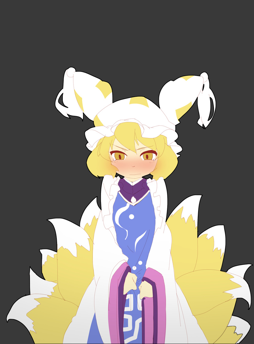absurdres animal_ears blonde_hair blush fox_ears fox_tail fps full-face_blush hat highres looking_at_viewer multiple_tails pillow_hat short_hair sketch solo tail tears touhou wide_sleeves yakumo_ran yellow_eyes younger