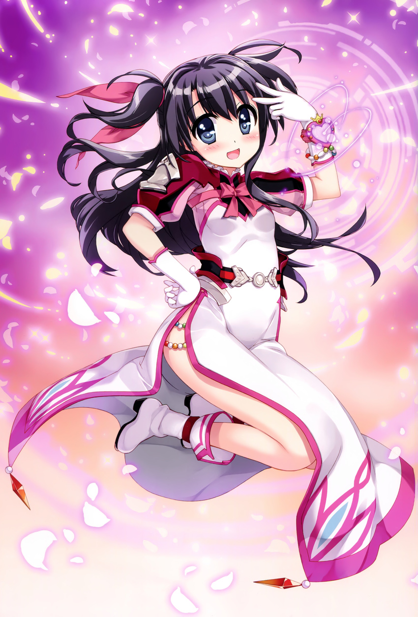 absurdres black_eyes black_hair boots dress fujima_takuya gloves hair_ribbon hand_on_hip heart highres long_hair looking_at_viewer lyrical_nanoha mahou_shoujo_lyrical_nanoha_vivid one_side_up open_mouth red_ribbon ribbon scan solo vivid_strike! white_dress white_footwear white_gloves yumina_enclave