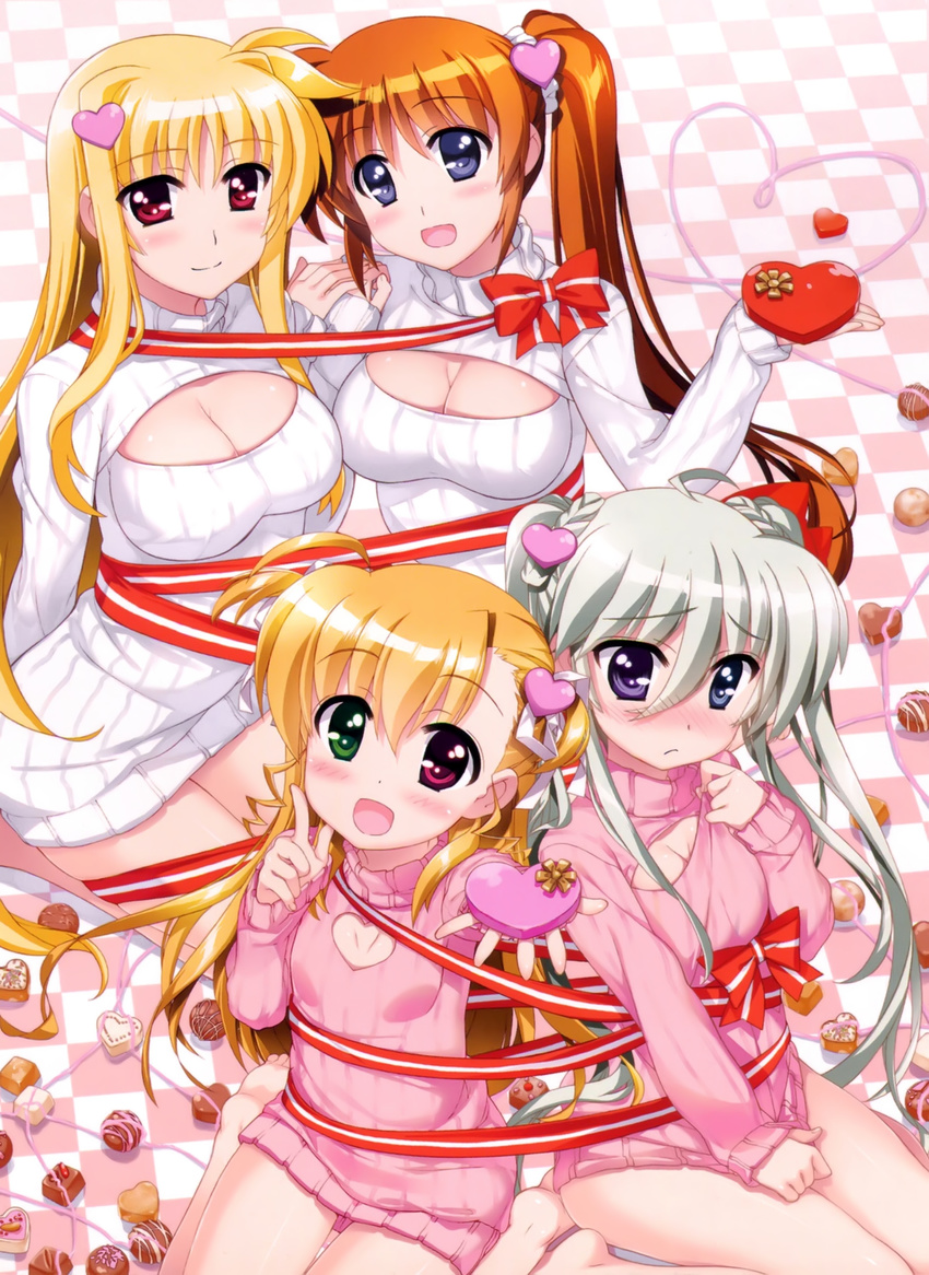 absurdres blonde_hair blue_eyes blush bottomless box breasts brown_hair chocolate cleavage_cutout einhart_stratos embarrassed fate_testarossa fujima_takuya green_eyes green_hair hair_between_eyes hair_ornament hair_ribbon heart heart-shaped_box heart_hair_ornament heterochromia highres holding_hands large_breasts long_hair long_sleeves looking_at_viewer lyrical_nanoha mahou_shoujo_lyrical_nanoha_strikers mahou_shoujo_lyrical_nanoha_vivid meme_attire multiple_girls official_art open-chest_sweater open_mouth outstretched_arm purple_eyes red_eyes ribbon scan seiza shiny shiny_hair side_ponytail sitting small_breasts smile sweater takamachi_nanoha turtleneck twintails very_long_hair vivio wariza