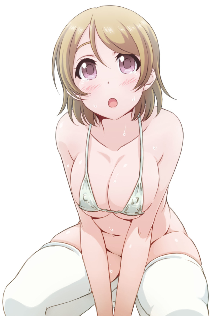 1girl ayumu-k bikini bikini_top blush breasts brown_hair collarbone kneeling koizumi_hanayo large_breasts leaning_forward looking_at_viewer love_live! love_live!_school_idol_project navel no_panties open_mouth purple_eyes short_hair simple_background solo swimsuit thighhighs white_background white_bikini white_legwear