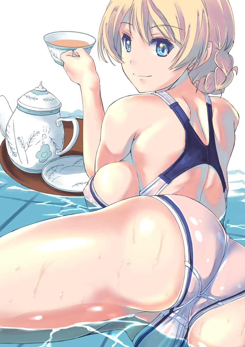 ass bangs blonde_hair blue_eyes braid breasts competition_swimsuit crotch_seam cup darjeeling girls_und_panzer highres holding holding_cup large_breasts light_smile looking_at_viewer looking_back lying nenchi on_stomach one-piece_swimsuit partially_submerged saucer short_hair shoulder_blades sideboob simple_background smile solo swimsuit tea teacup teapot tied_hair tray trefoil wading water wet white_background white_swimsuit
