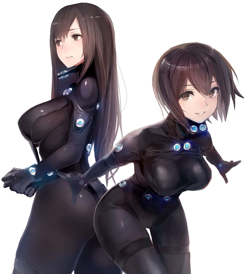 bangs black_bodysuit bodysuit breasts brown_hair clenched_hands covered_nipples cowboy_shot eyelashes gantz gantz_suit glowing hair_between_eyes highres large_breasts leaning_forward light_frown long_hair looking_at_viewer looking_to_the_side medium_breasts multiple_girls outstretched_arms own_hands_together parted_lips shimohira_reika short_hair simple_background skin_tight standing swept_bangs taishi_(picchiridou) teeth thigh_gap white_background yamasaki_anzu