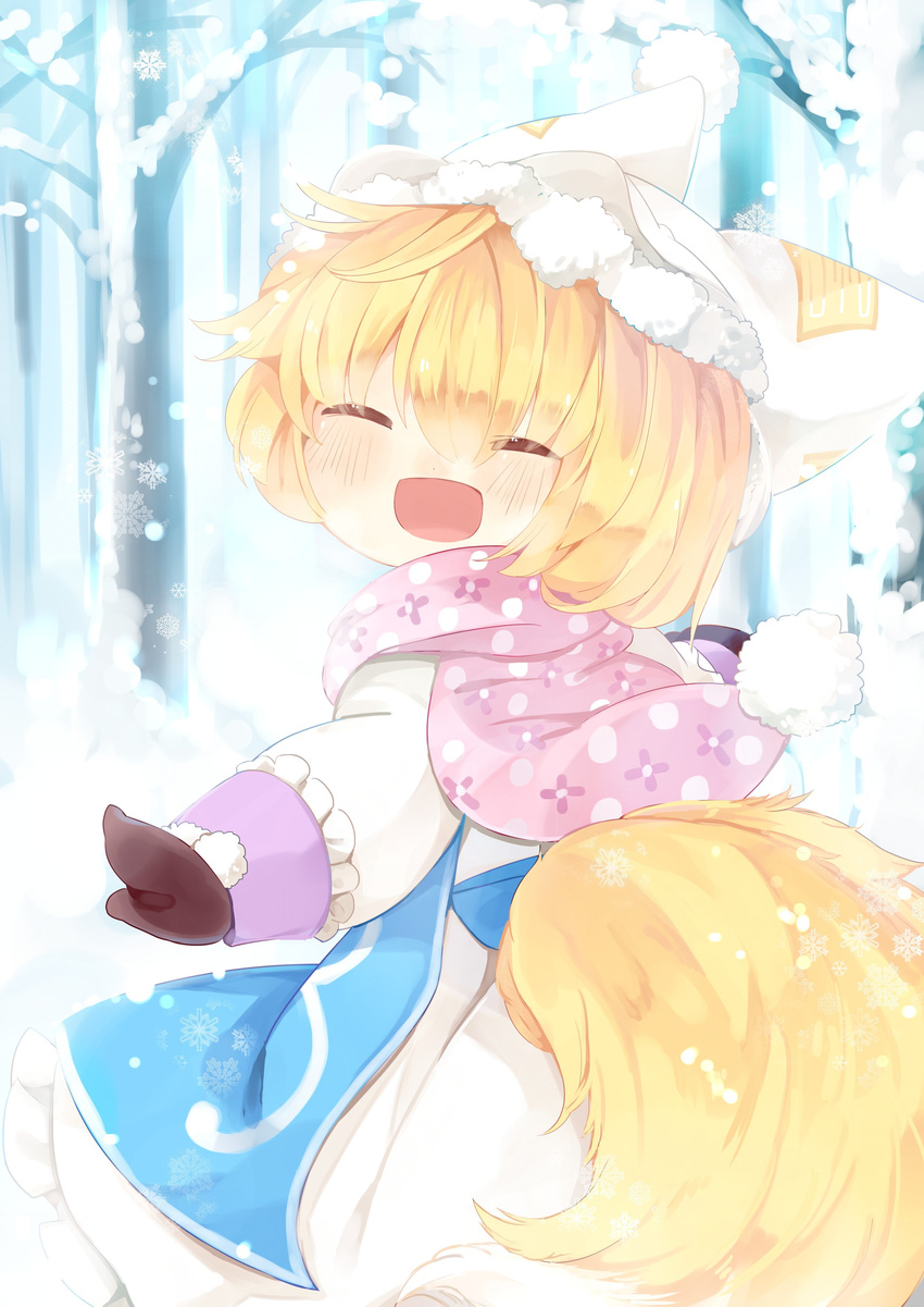 :d ^_^ absurdres blonde_hair closed_eyes dress facing_viewer fox_tail hat highres japa mittens open_mouth outstretched_arms pillow_hat scarf short_hair smile snow snowing solo spread_arms tabard tail touhou tree yakumo_ran younger