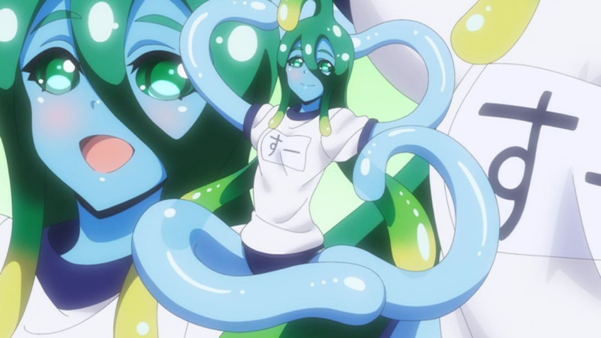 green_eyes gym_clothes monster_musume_no_iru_nichijou slime stretching suu_(monster_musume) tagme