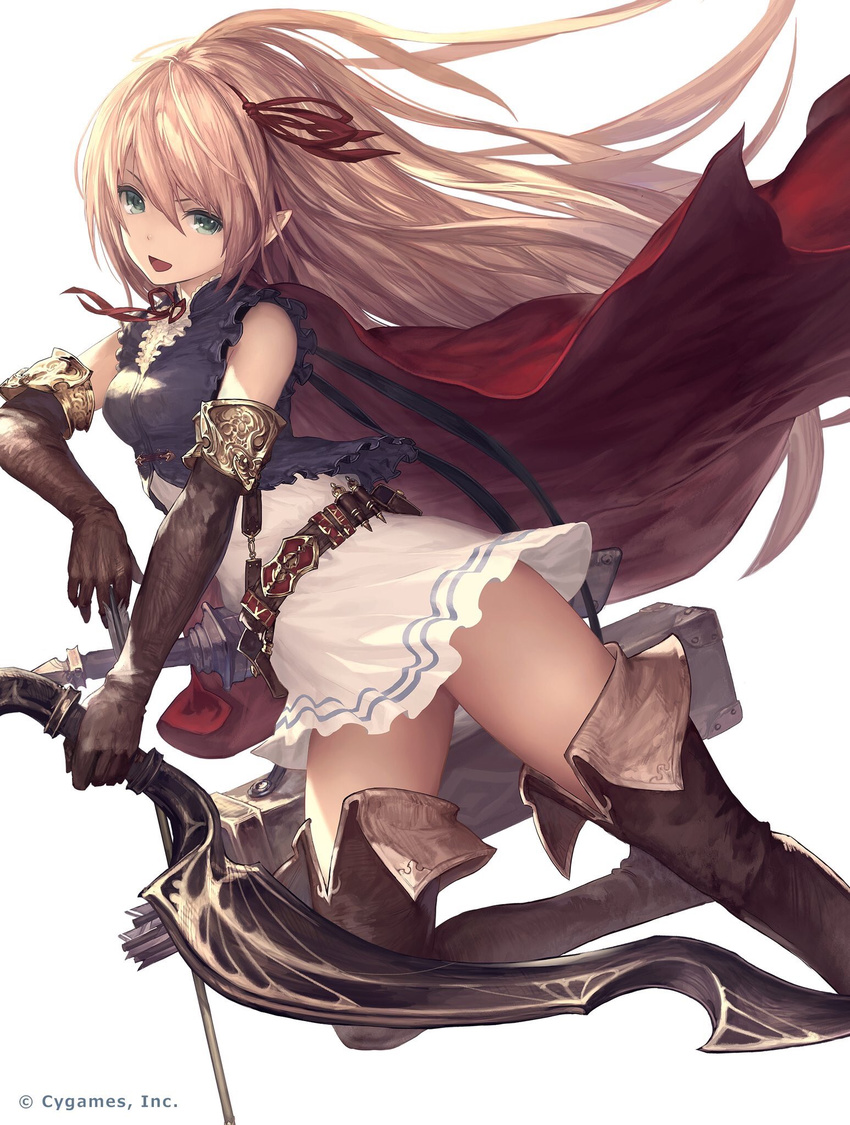 arisa_(shadowverse) blonde_hair boots brown_footwear brown_legwear copyright_name cygames elbow_gloves elf gloves green_eyes hair_ribbon highres long_hair open_mouth pointy_ears red_ribbon ribbon shadowverse simple_background solo tachikawa_mushimaro thigh_boots thighhighs white_background