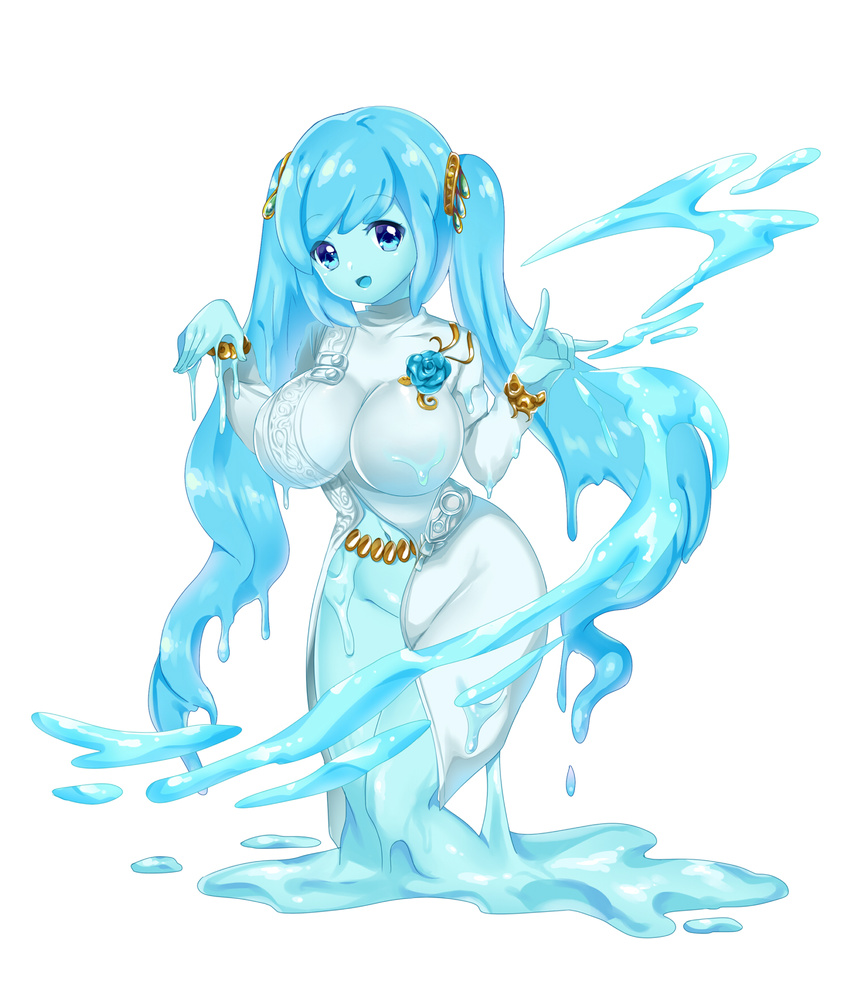 blue_eyes blue_hair blue_skin breasts commentary_request dripping fox_shadow_puppet gold_trim goo_girl highres large_breasts looking_at_viewer meisuke_mei monster_girl open_mouth original slime solo transparent twintails